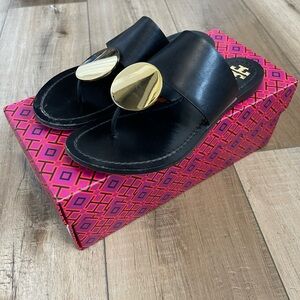 Tory Burch Black Leather Thong Sandals with Gold Disc Accent